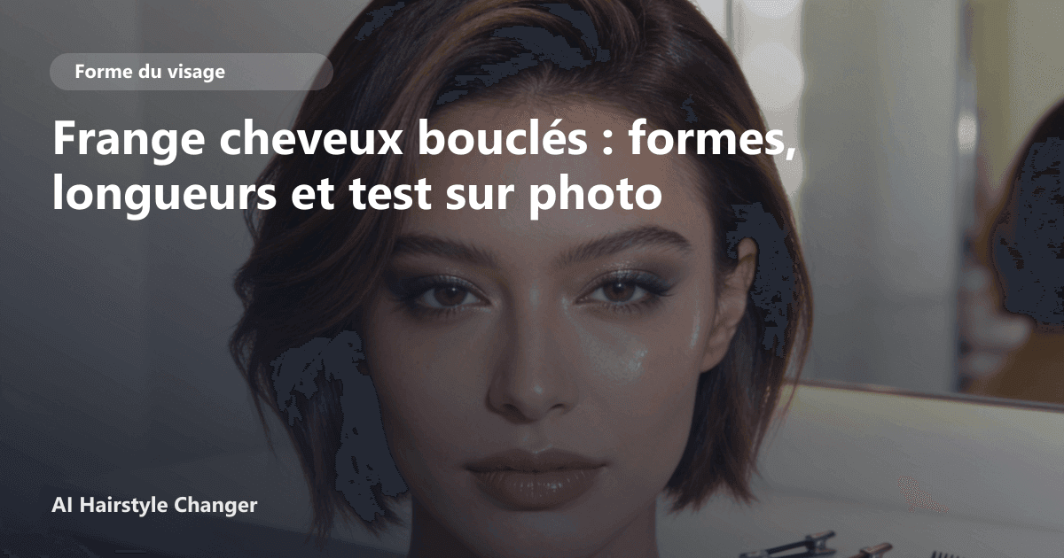 Portrait éditorial lié à frange cheveux bouclés, montrant une idée de coiffure à prévisualiser avant le salon.
