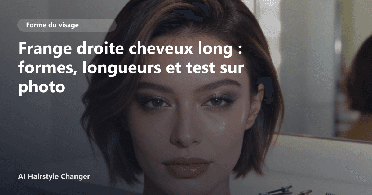 Portrait éditorial lié à frange droite cheveux long, montrant une idée de coiffure à prévisualiser avant le salon.