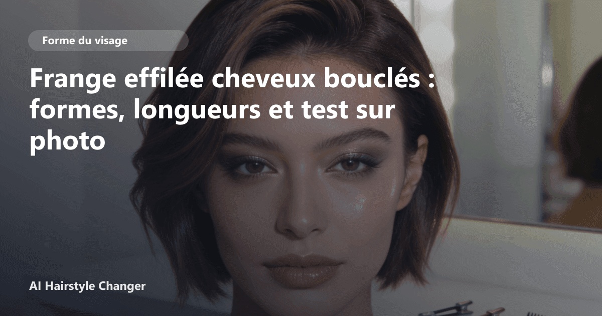 Portrait éditorial lié à frange effilée cheveux bouclés, montrant une idée de coiffure à prévisualiser avant le salon.