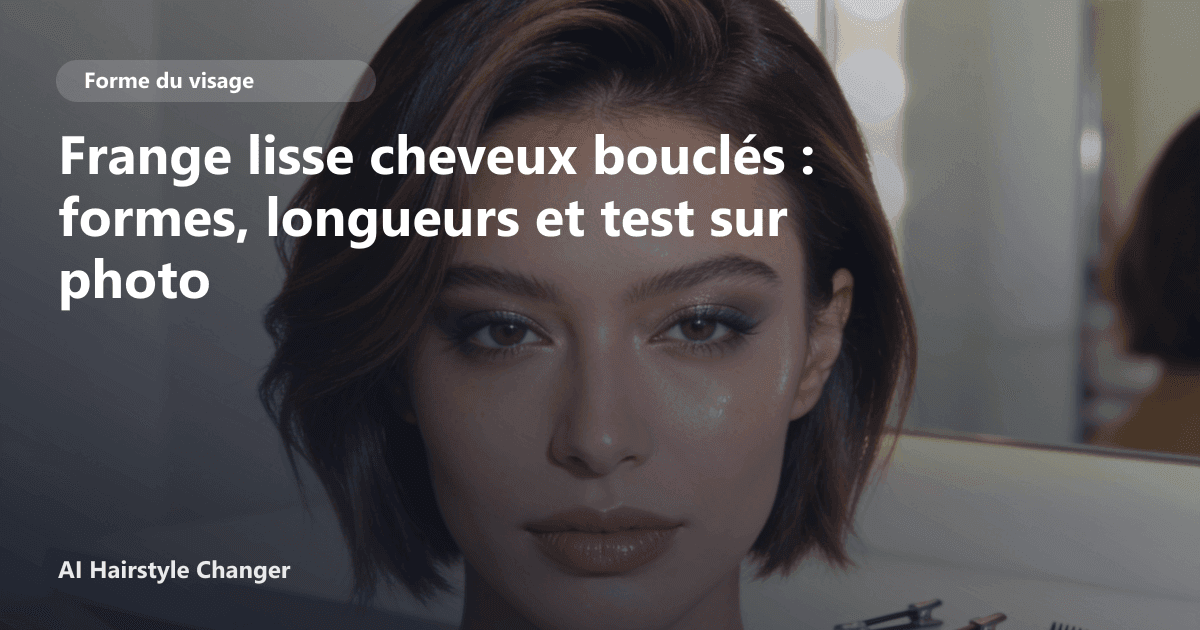 Portrait éditorial lié à frange lisse cheveux bouclés, montrant une idée de coiffure à prévisualiser avant le salon.