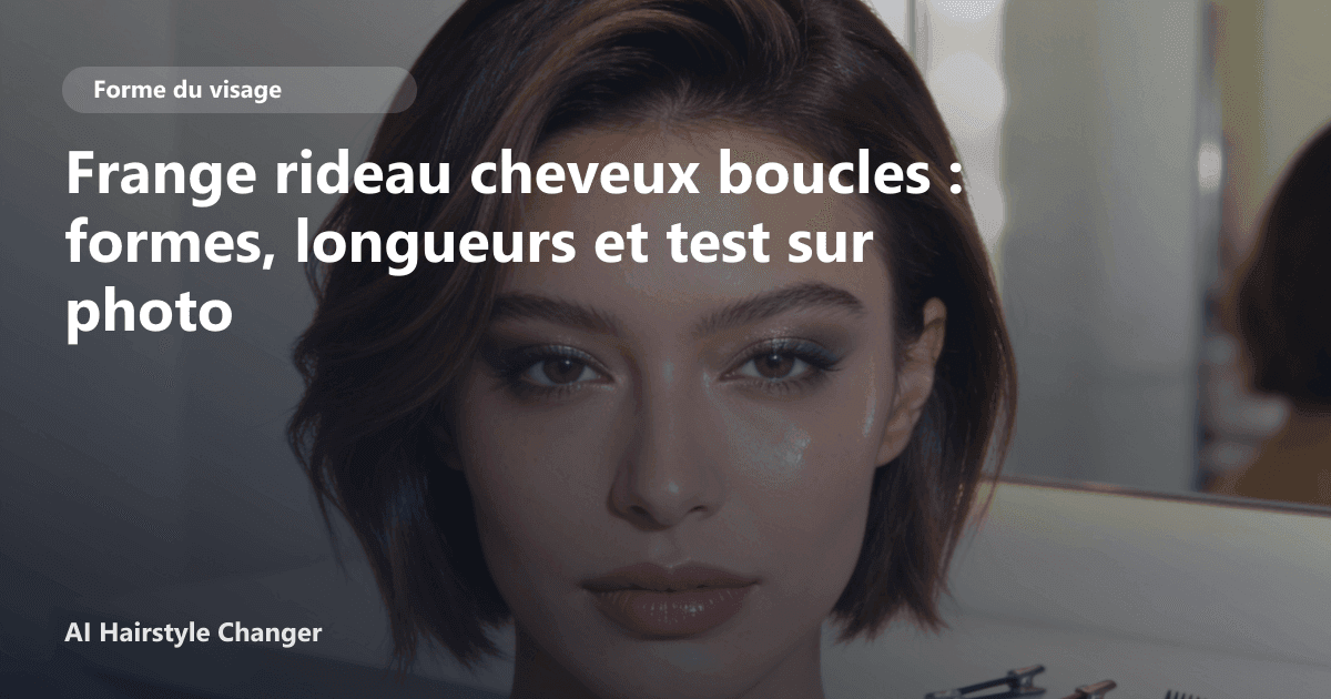 Portrait éditorial lié à frange rideau cheveux boucles, montrant une idée de coiffure à prévisualiser avant le salon.