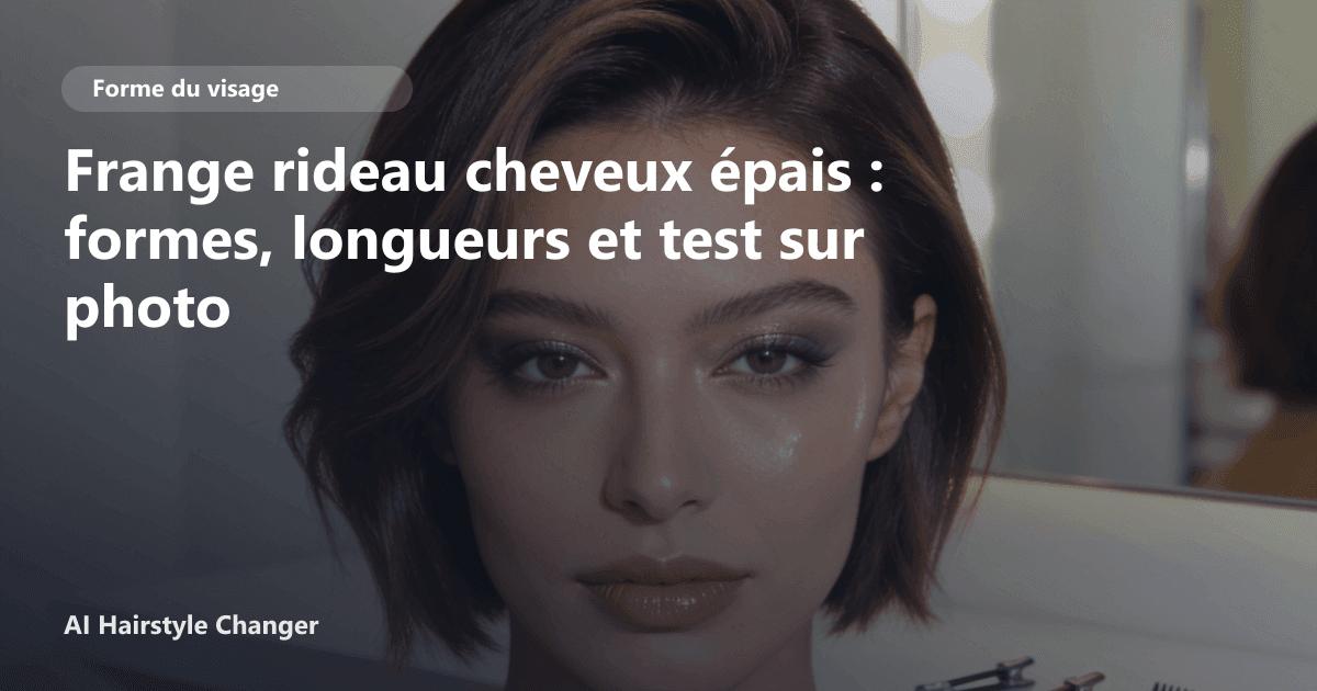 Portrait éditorial lié à frange rideau cheveux épais, montrant une idée de coiffure à prévisualiser avant le salon.