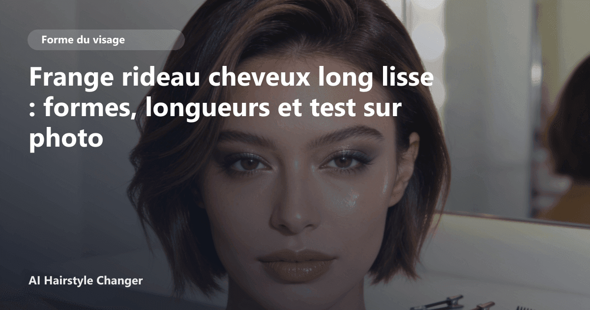 Portrait éditorial lié à frange rideau cheveux long lisse, montrant une idée de coiffure à prévisualiser avant le salon.