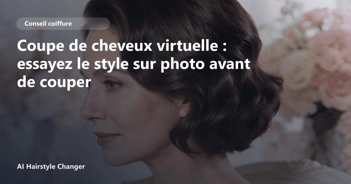 Interface de l'application AI Hairstyle Changer montrant une femme testant différentes coupes de cheveux virtuelles sur son propre selfie.