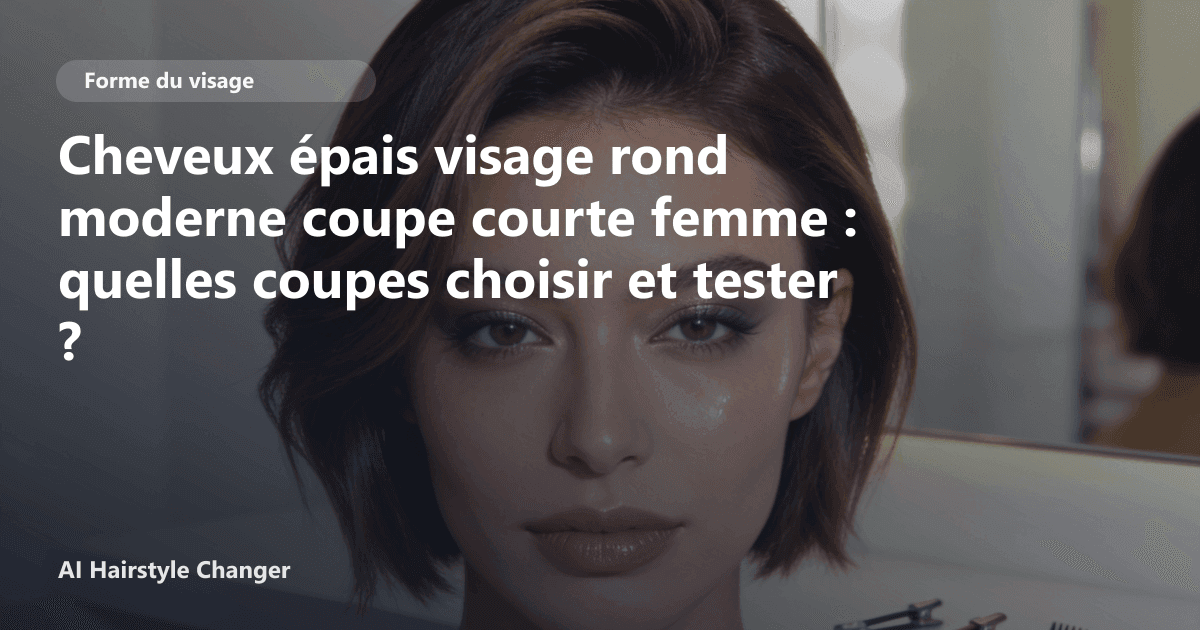 Portrait éditorial lié à cheveux épais visage rond moderne coupe courte femme, montrant une idée de coiffure à prévisualiser avant le salon.