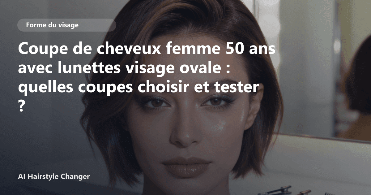Portrait éditorial lié à coupe de cheveux femme 50 ans avec lunettes visage ovale, montrant une idée de coiffure à prévisualiser avant le salon.