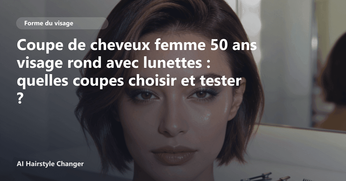 Portrait éditorial lié à coupe de cheveux femme 50 ans visage rond avec lunettes, montrant une idée de coiffure à prévisualiser avant le salon.