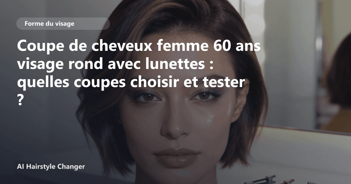 Portrait éditorial lié à coupe de cheveux femme 60 ans visage rond avec lunettes, montrant une idée de coiffure à prévisualiser avant le salon.